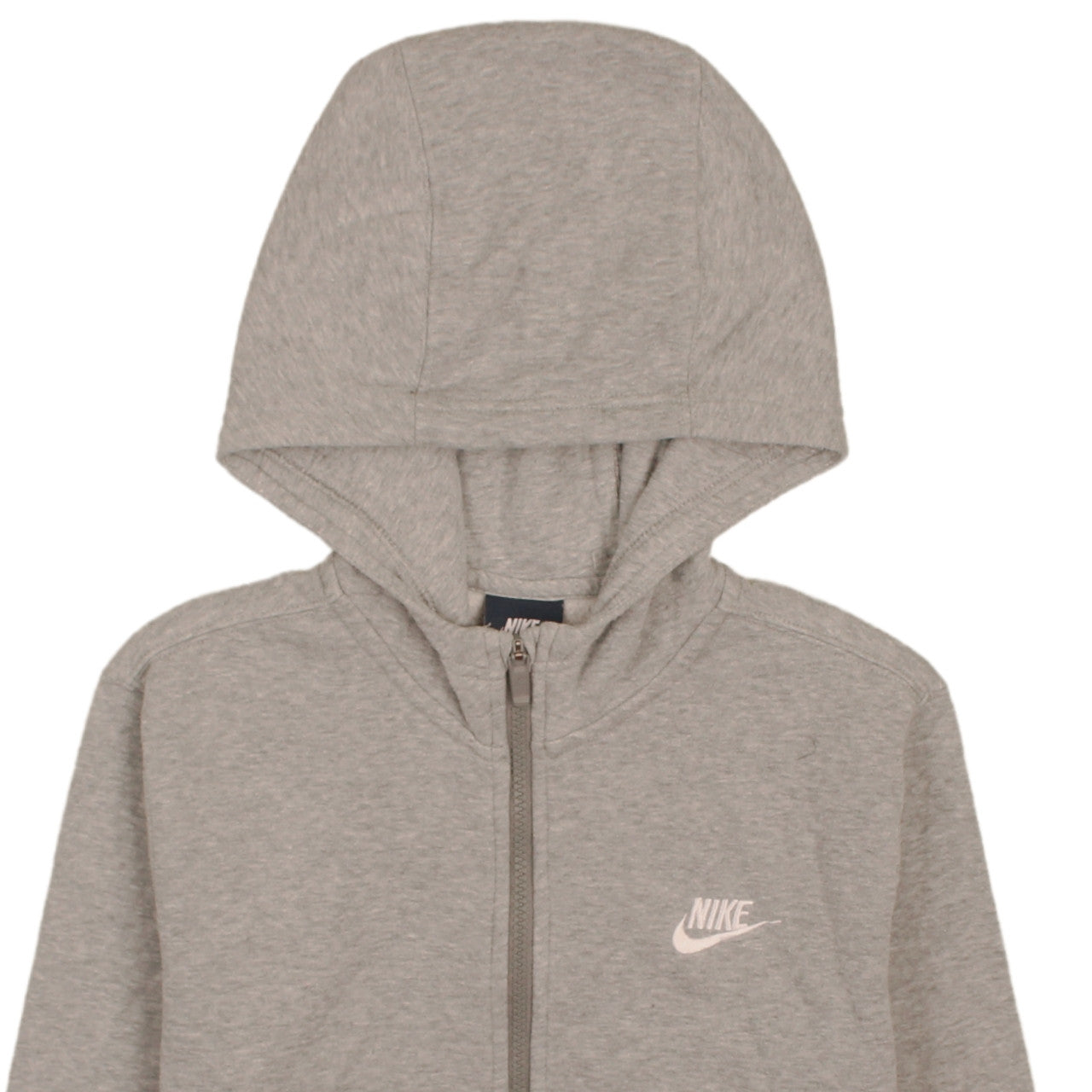 Brand and care label for Nike boys’ grey full zip hoodie 12-13 years regular fit logo design