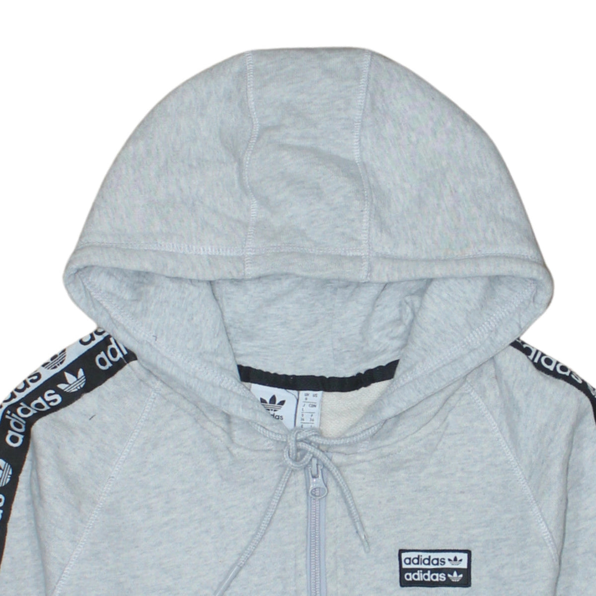 Additional view of Adidas women’s grey full zip hoodie, size UK 8, cotton blend hooded sweatshirt