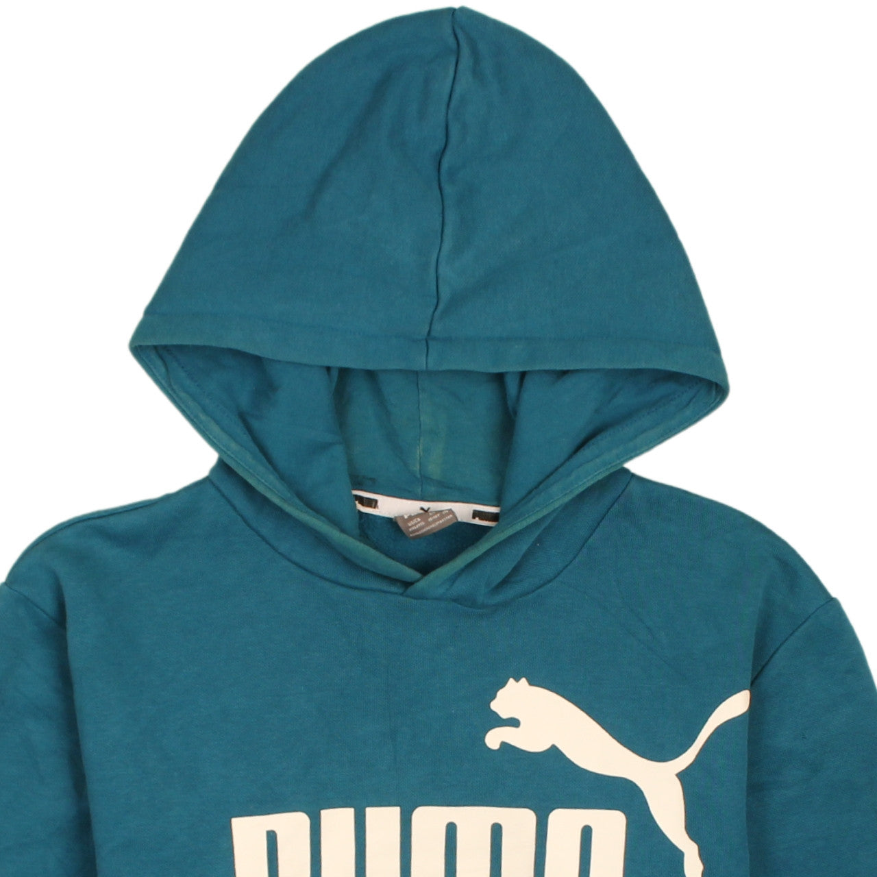 Brand and care label for Puma boys’ blue pullover hoodie 15-16 years graphic print cotton blend