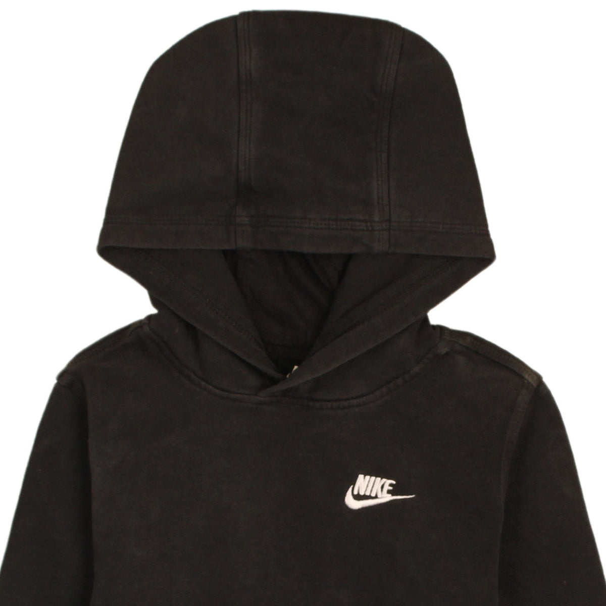 Brand and care label for Nike boys’ black pullover hoodie size 158cm fleece sweatshirt