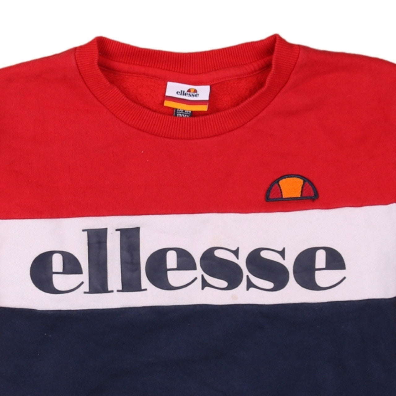 Brand and care label for Ellesse boys’ red colourblock crew neck pullover sweatshirt 13-14 years