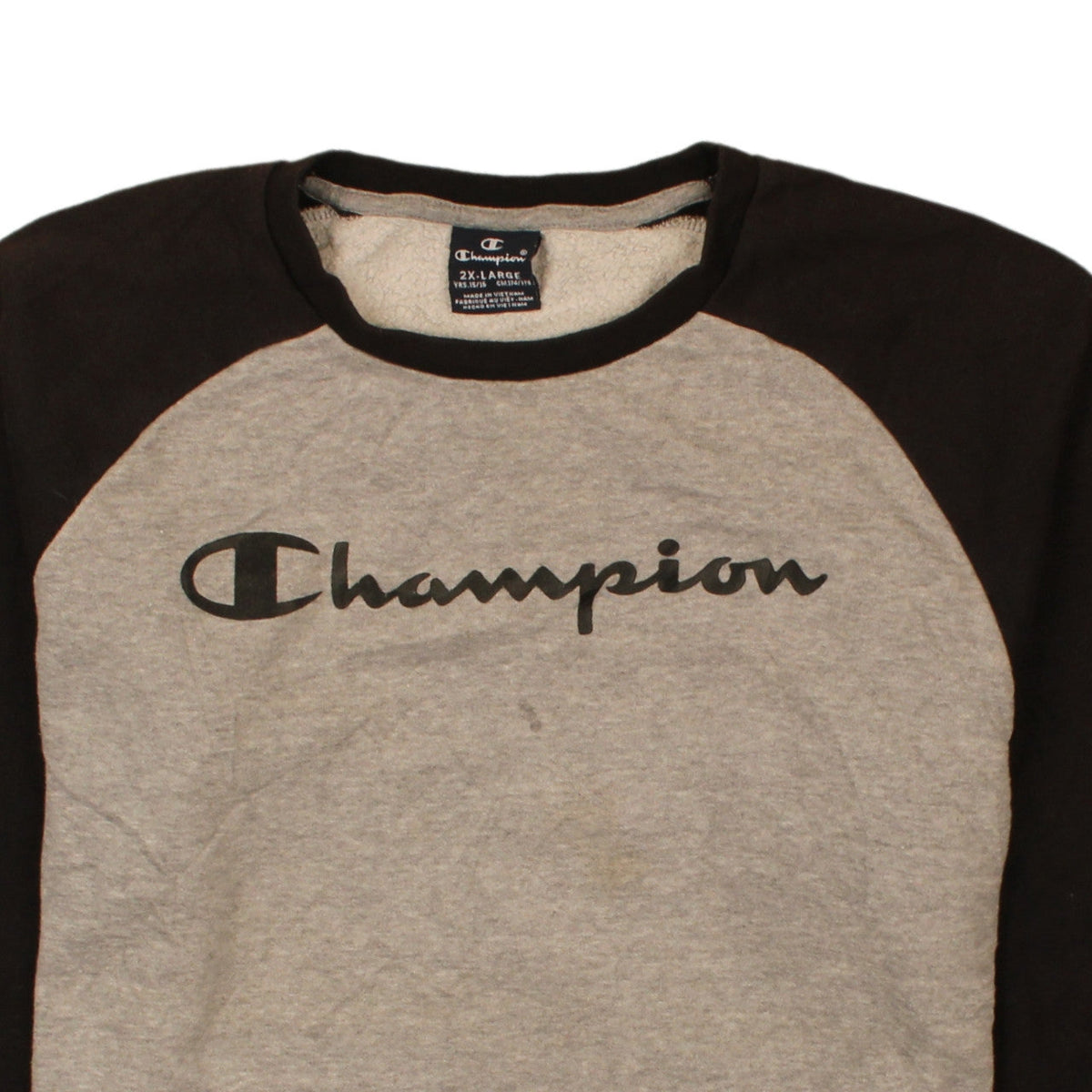 Brand and care label for Champion boys’ grey & black pullover sweatshirt 2xl 15/16 years