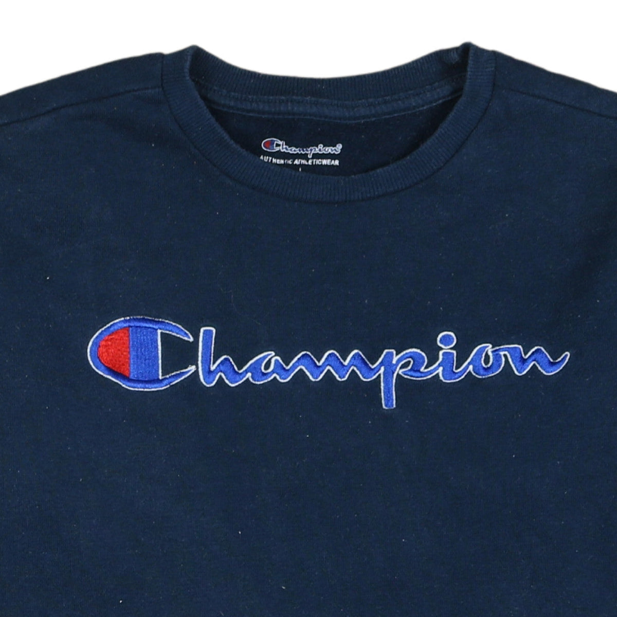 Brand and care label for Champion boys’ blue pullover sweatshirt l logo embroidered fleece