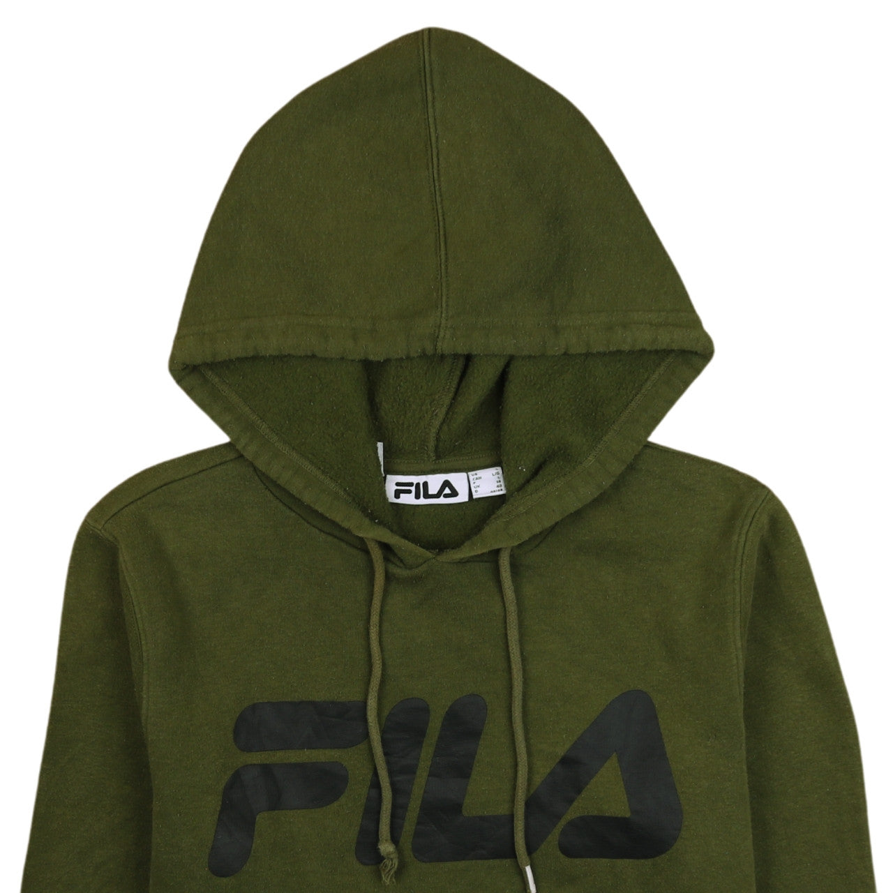 Brand and care label for Fila women’s green pullover hoodie, size L, logo casual sweatshirt