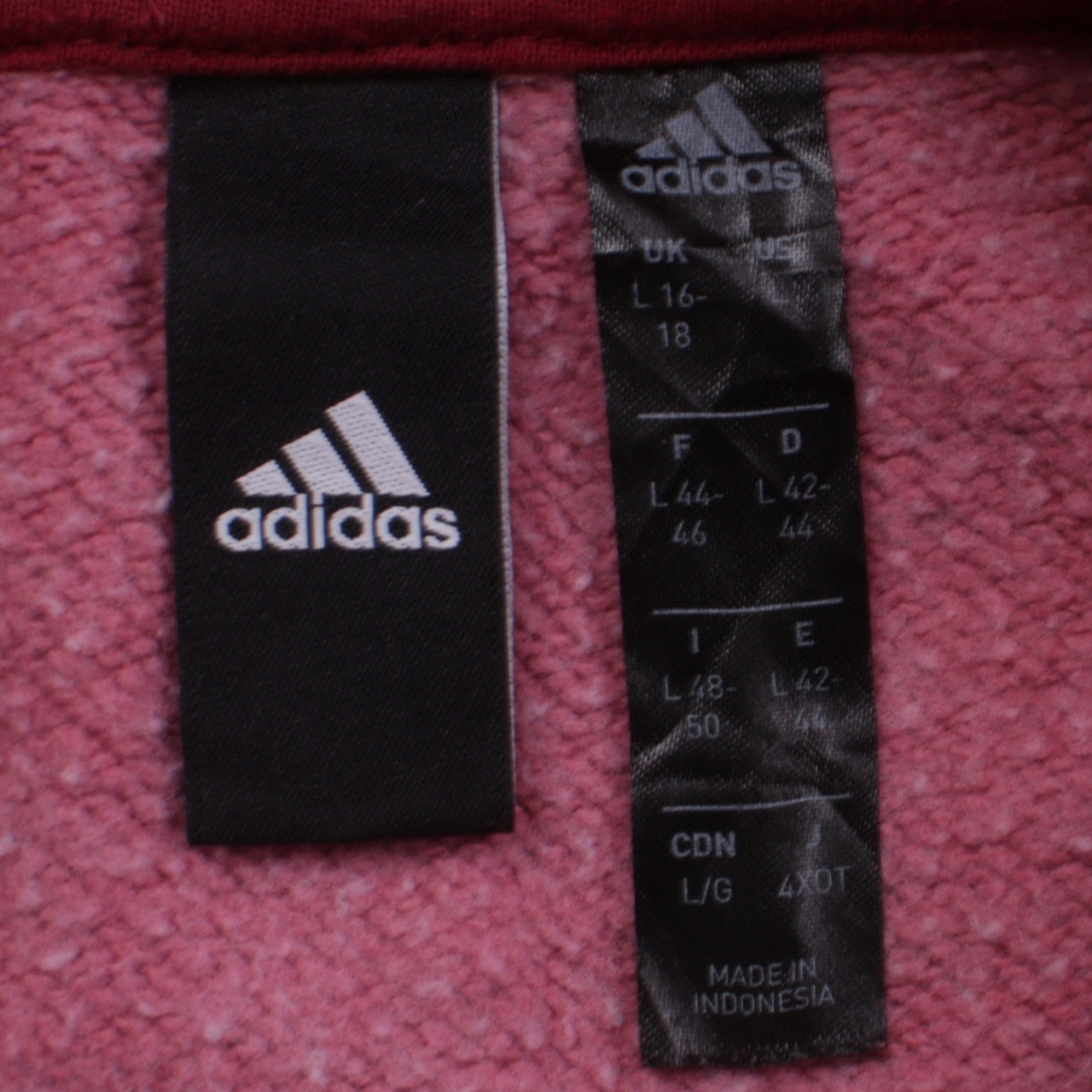 Brand and care label for Adidas Women’s Pink Hooded Pullover Hoodie L 16-18 Casual Sweatshirt