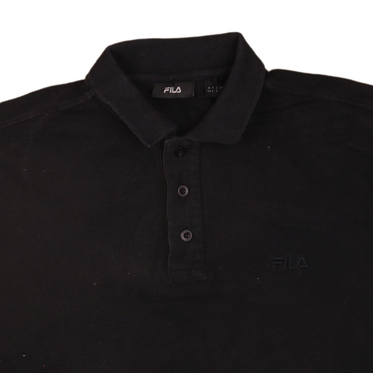 Brand and care label for Fila Men’s Black Cotton Short Sleeve Polo Shirt, size L