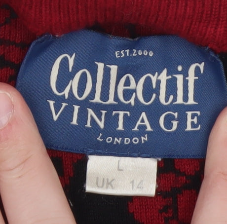 Brand and care label for Collectif Vintage women’s red floral knit bodycon dress uk 14