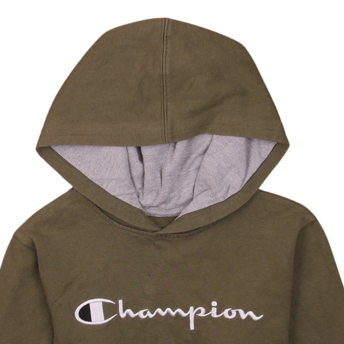 Brand and care label for Champion boys’ khaki hoodie large pullover fleece sweatshirt
