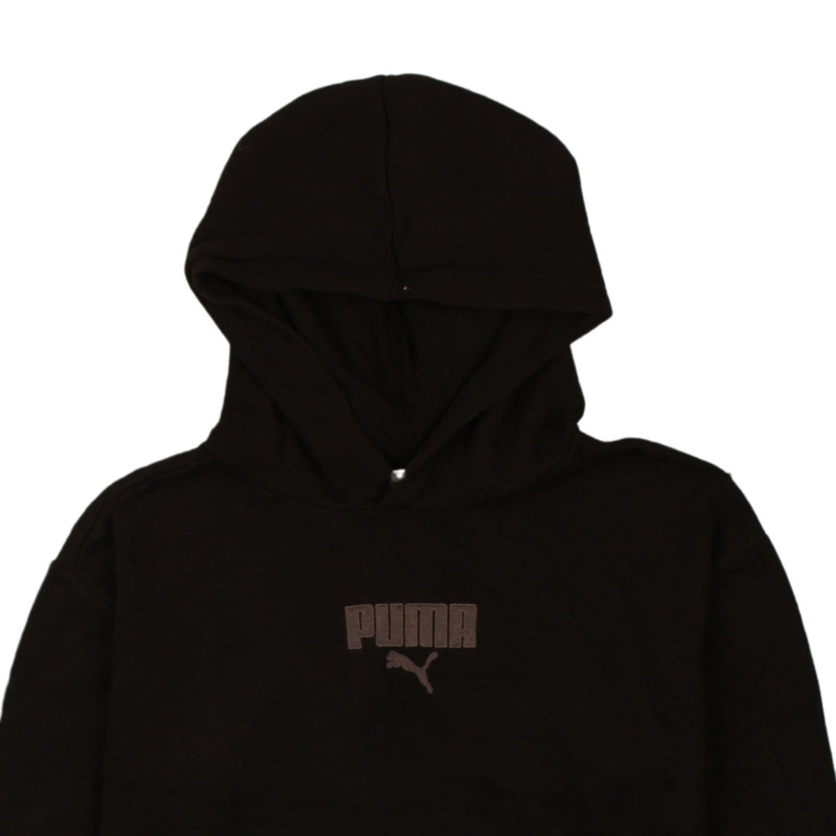 Brand and care label for Puma boys’ black pullover hoodie 14-16 years regular fit fleece sweatshirt