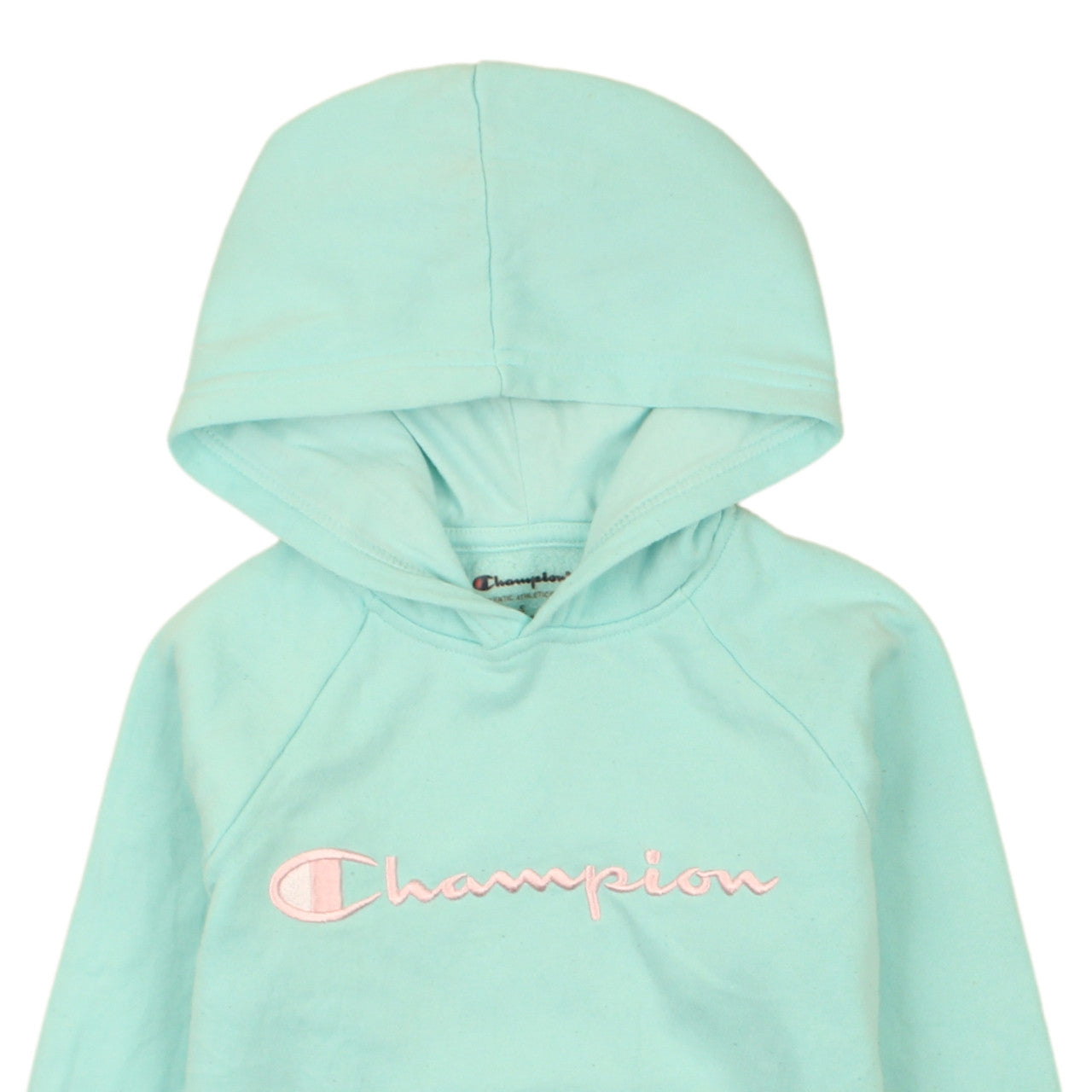Brand and care label for Champion girls’ aqua blue pullover hoodie small - embroidered logo, fleece lined