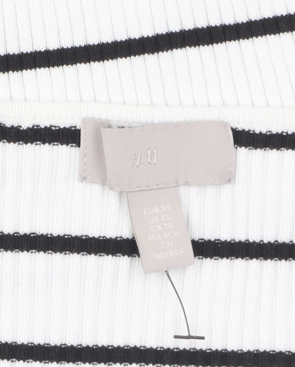 H&M Women’s White Black Striped Square Neck Ribbed Jumper XS