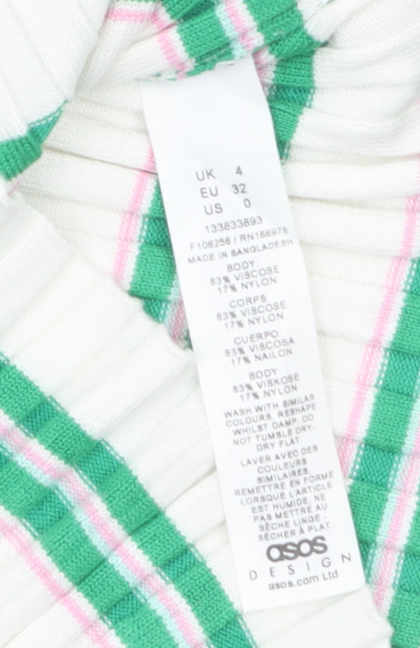 Brand and care label for ASOS DESIGN Women’s White Green Striped Short Sleeve Knit T-Shirt, size UK 4
