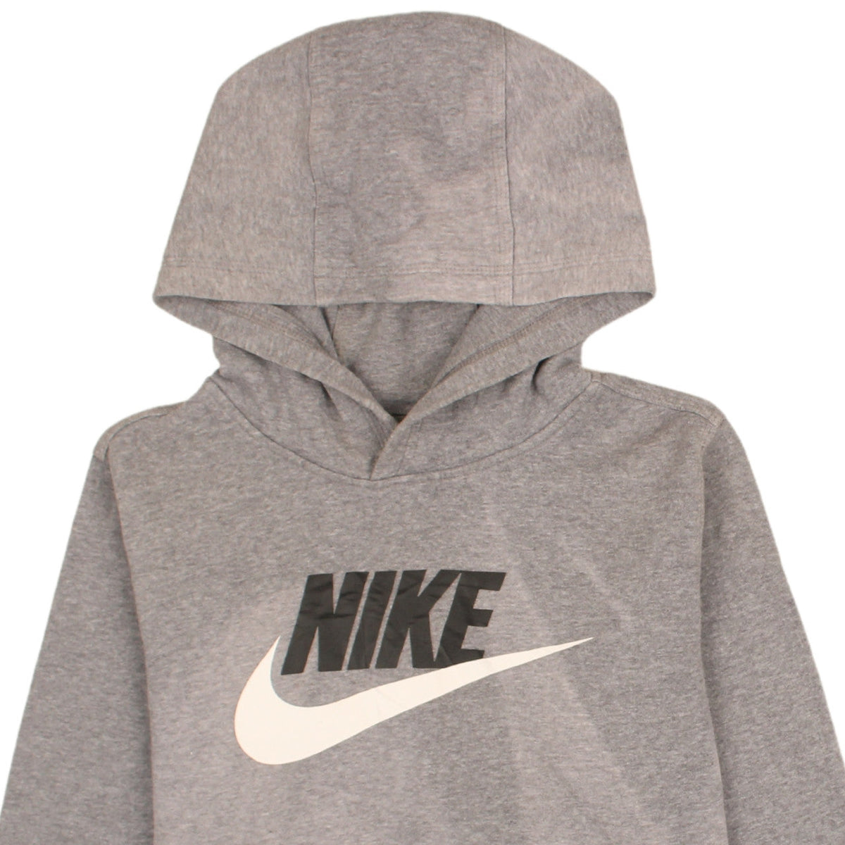 Brand and care label for Nike boys’ grey pullover hoodie xl fleece hooded sweatshirt