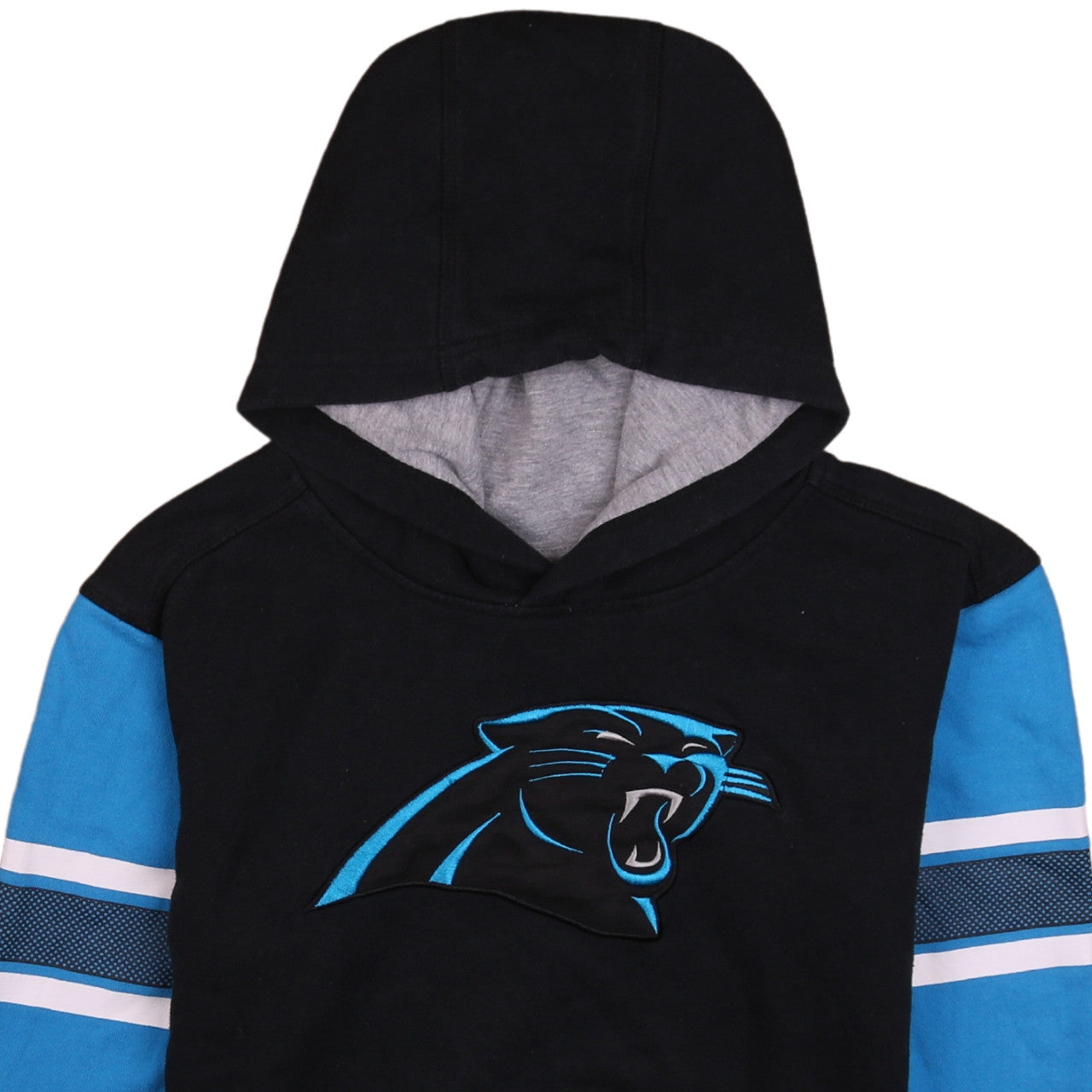 Brand and care label for NFL Team Apparel boys’ black blue pullover hoodie xl sporty panther design