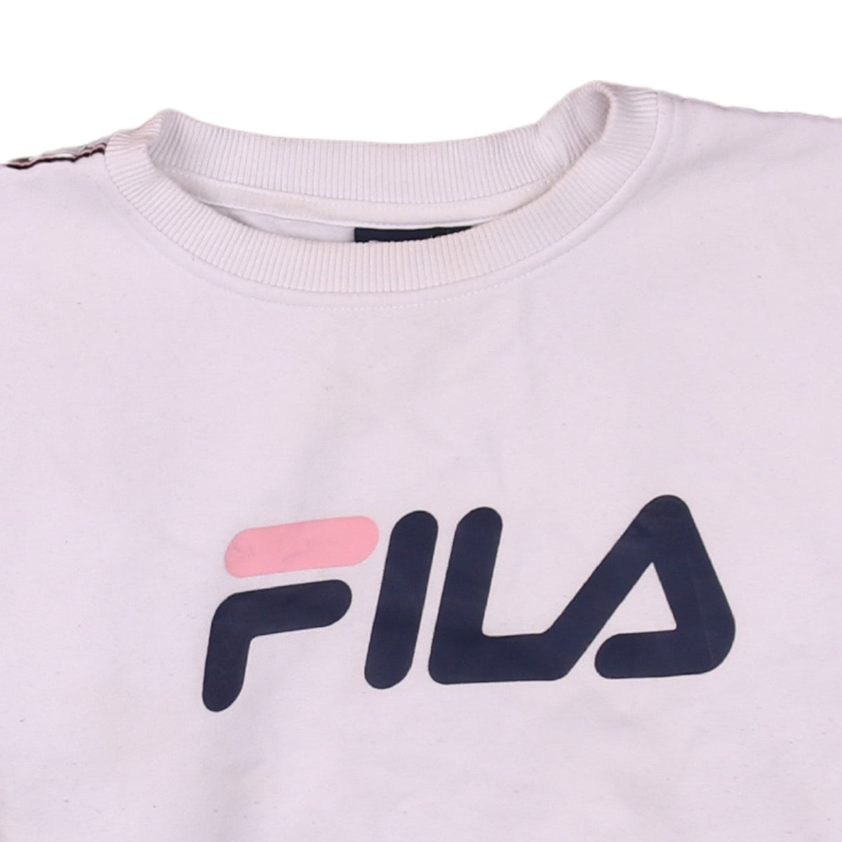 Brand and care label for Fila Men's White Crew Neck Logo Sweatshirt XS