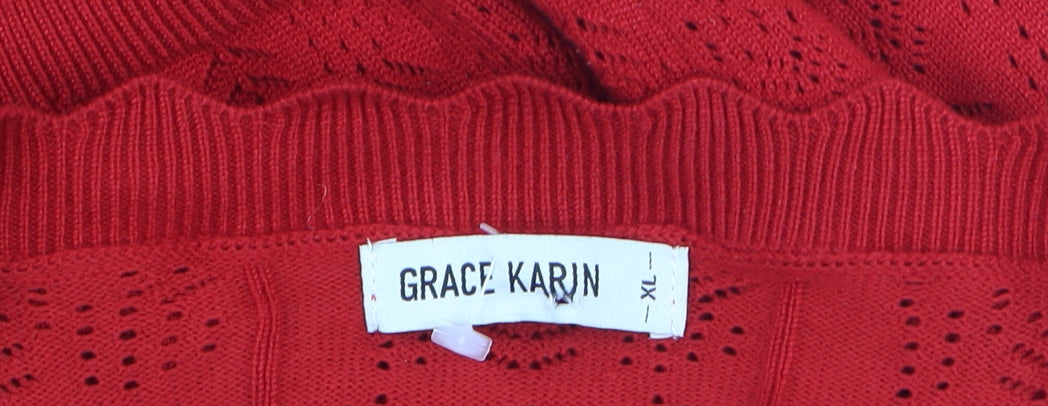 Grace Karin Women's Red V-Neck Open-Knit Cardigan XL