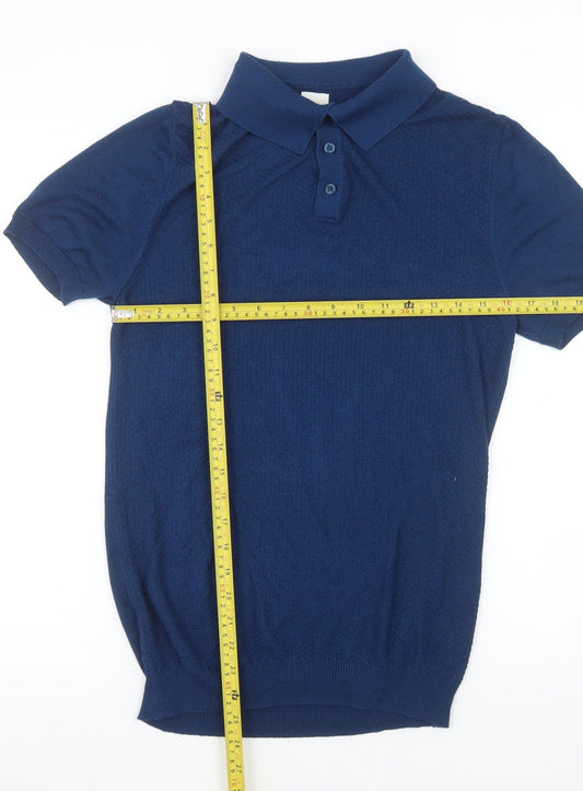 River Island Men's Blue Knit Short Sleeve Polo Shirt Size M
