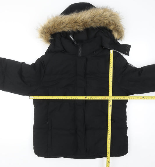 Jack Wills Women's Black Faux Fur Hooded Puffer Jacket UK 12