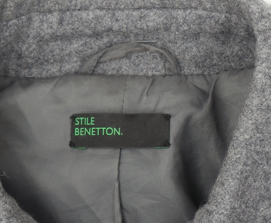Benetton Women Grey Wool Blend Long Coat UK 12 Classic Buttoned Overcoat
