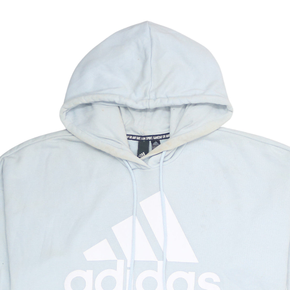 Brand and care label for Adidas women’s light blue pullover hoodie, size L, logo sportswear