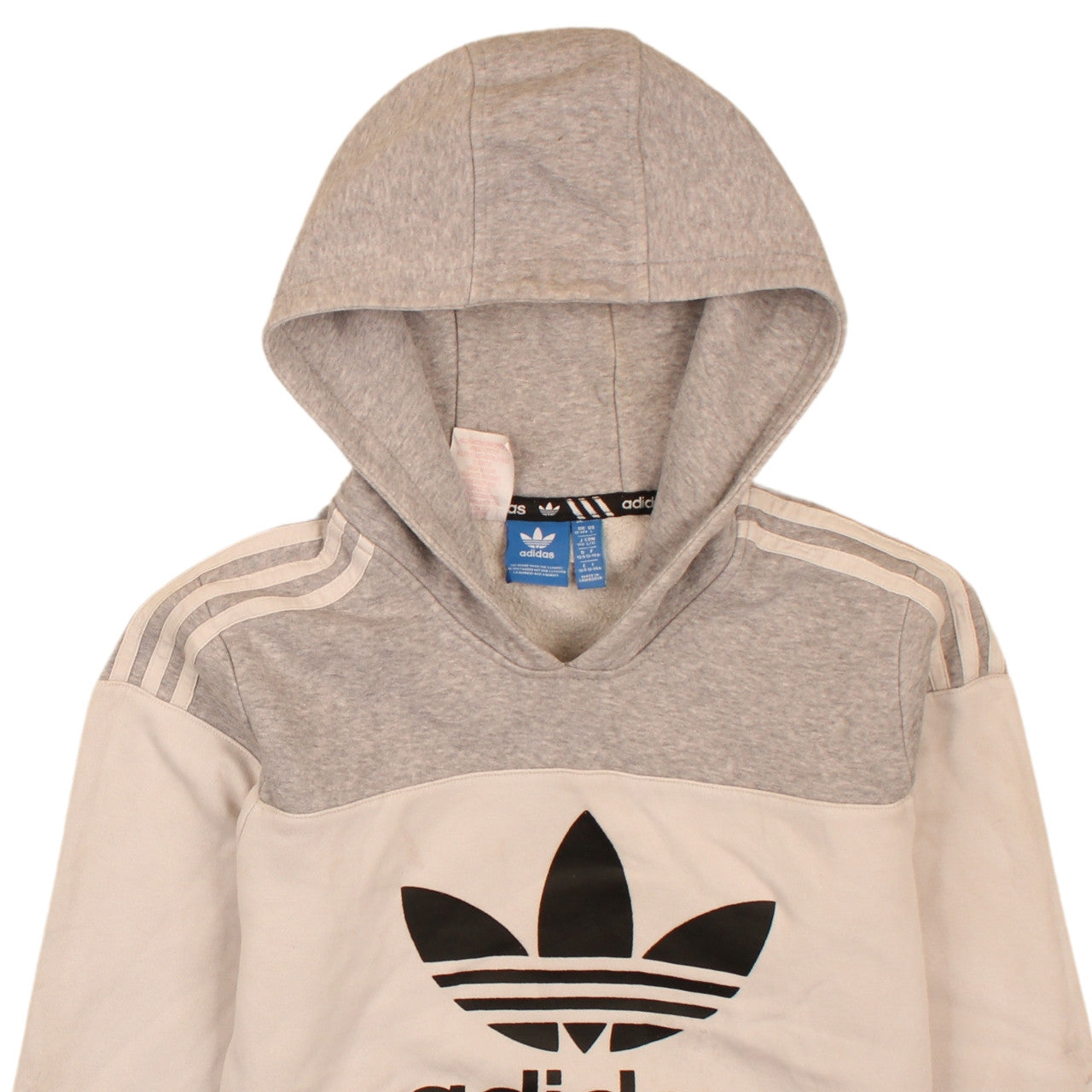 Brand and care label for Adidas boys’ grey hoodie 13-14 years pullover cotton sweatshirt