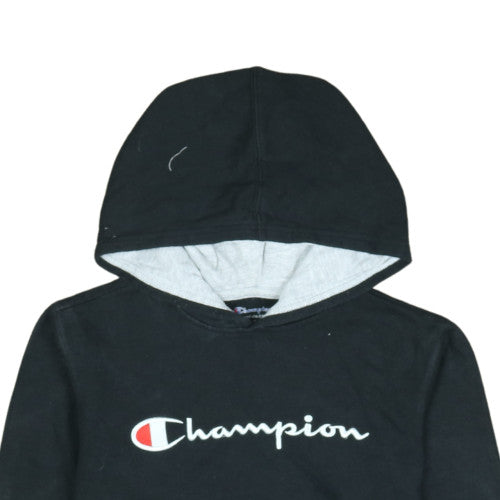 Brand and care label for Champion boys’ black xl pullover hoodie with logo print