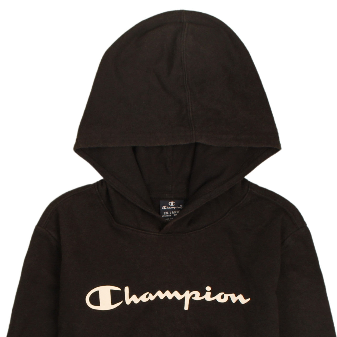Brand and care label for Champion boys’ black 2xl pullover hoodie with logo print