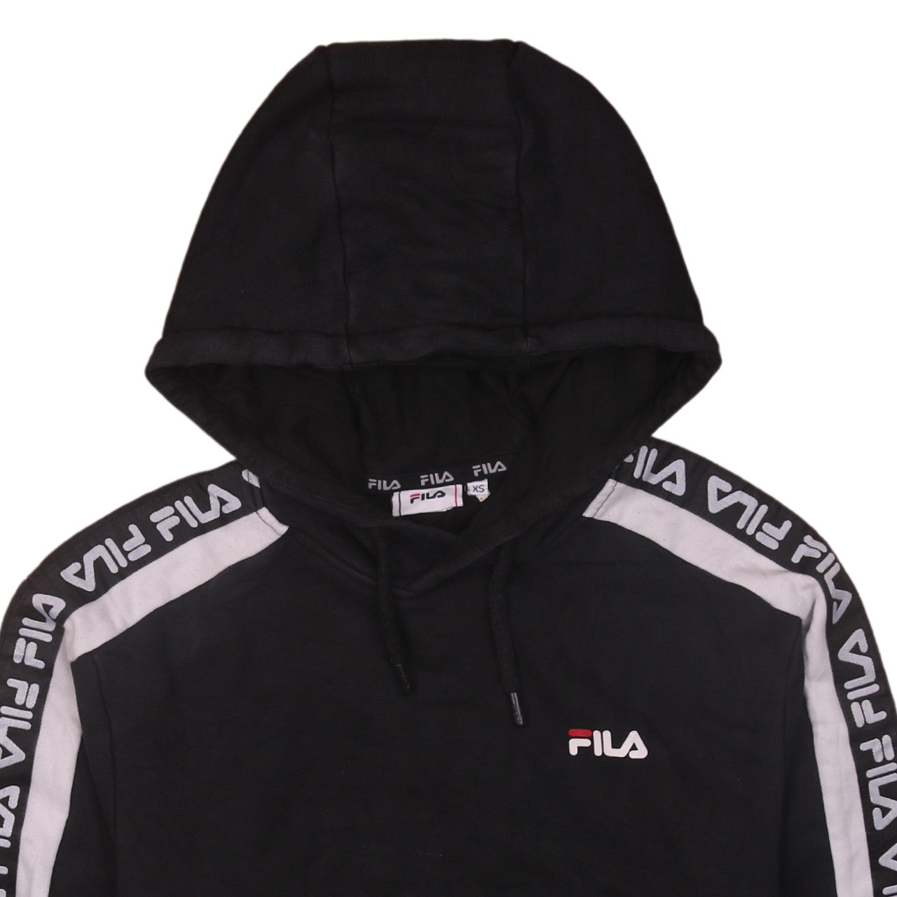 Brand and care label for Fila Men's Black XS Pullover Hoodie with Logo Tape Trim