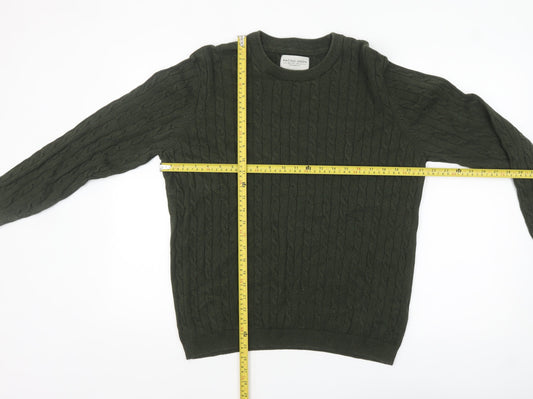 Racing Green Men’s Green Cable-Knit Cotton Jumper Size L