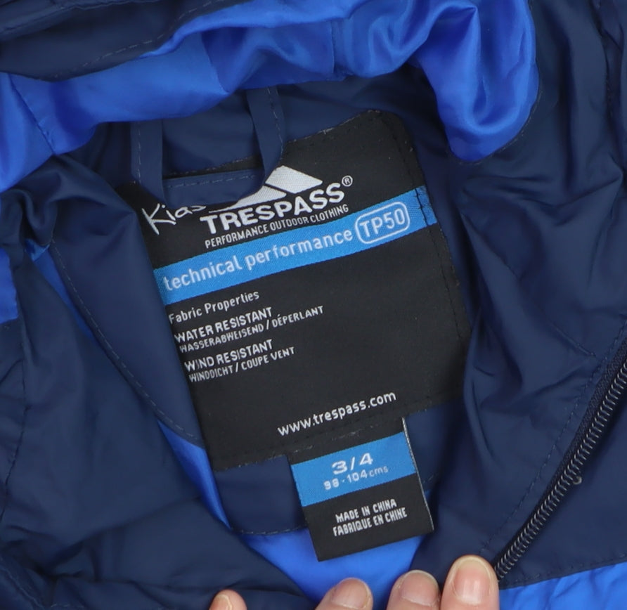 Additional view of Trespass boys’ blue hooded puffer jacket 3-4 years water resistant winter coat