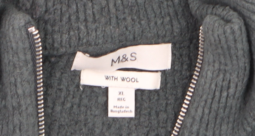 Marks and Spencer Mens Green Wool 1/2 Zip High Neck Jumper XL