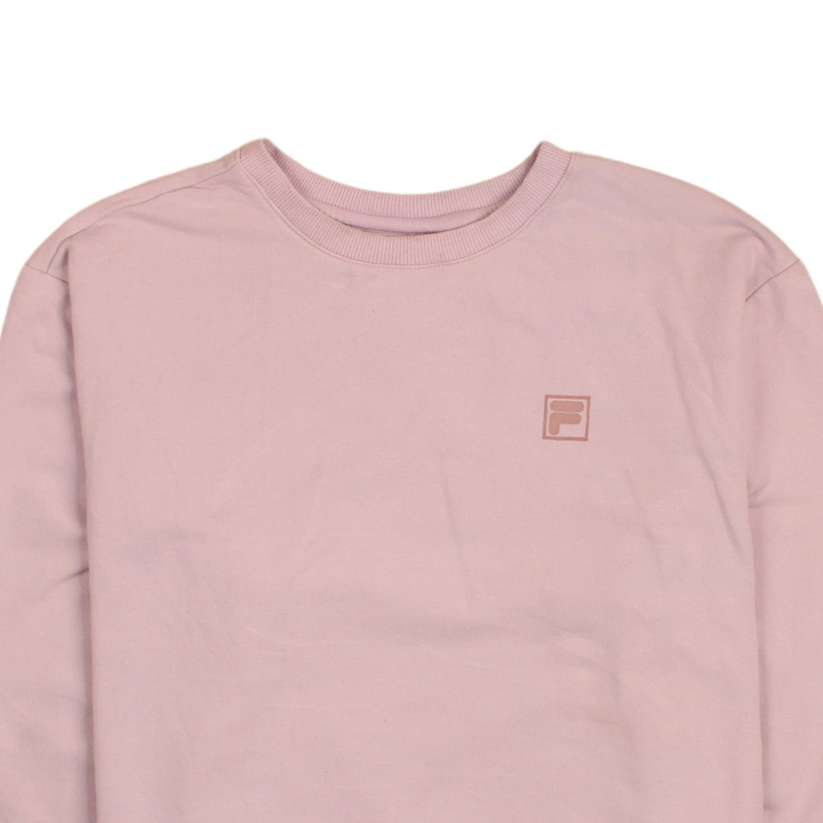 Brand and care label for Fila women’s pink crew neck pullover sweatshirt uk m