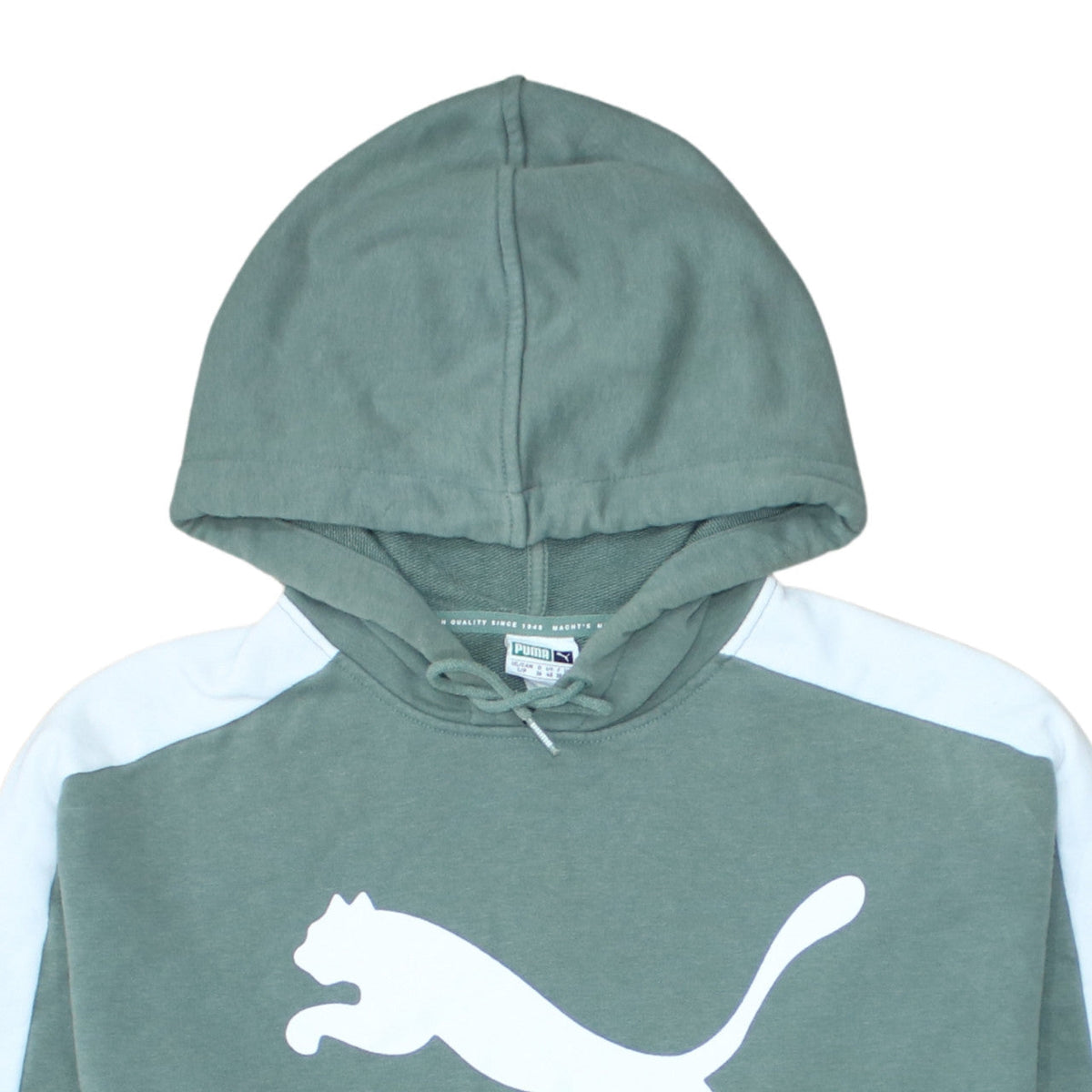 Additional view of Puma Women Green Logo Hoodie, size UK 10, Cotton Blend Pullover Sportswear