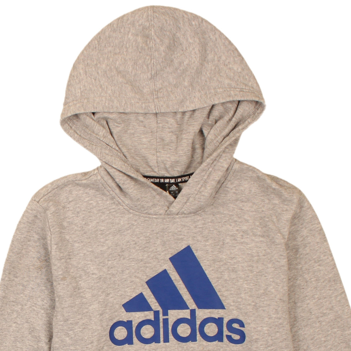 Brand and care label for Adidas boys’ grey pullover hoodie 13-14 years logo print sportswear