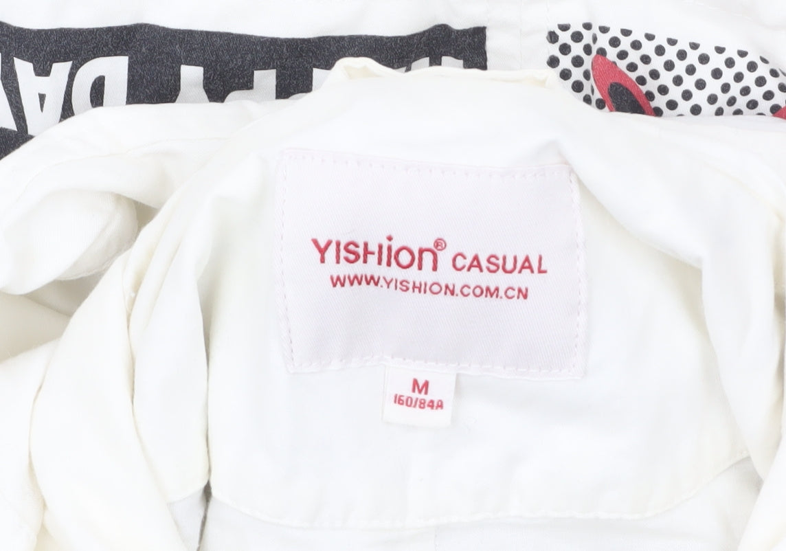 Yishion Women White Graphic Hooded Parka Jacket Size 10 Regular Fit