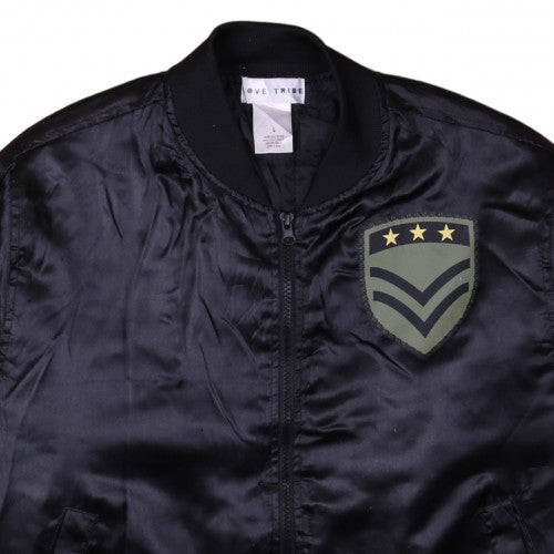 Love Tribe Womens Black Bomber Jacket L Polyester Patches Casual