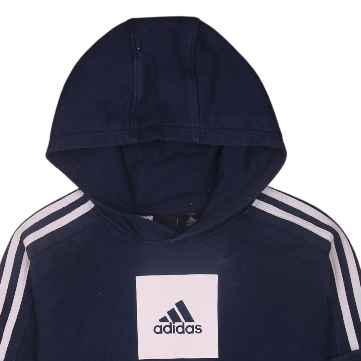 Brand and care label for Adidas boys’ blue pullover hoodie 13-14 years hooded fleece sweatshirt