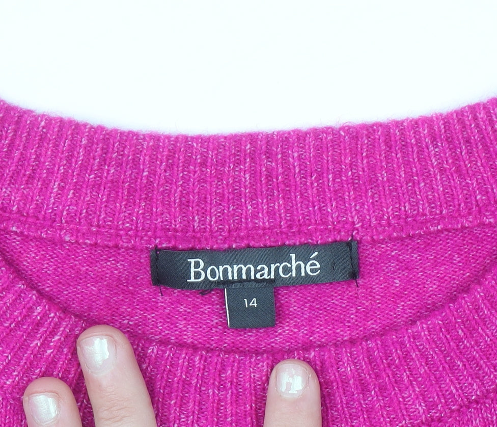 Bonmarché Women Pink Beaded Crew Neck Long Sleeve Jumper Size 14