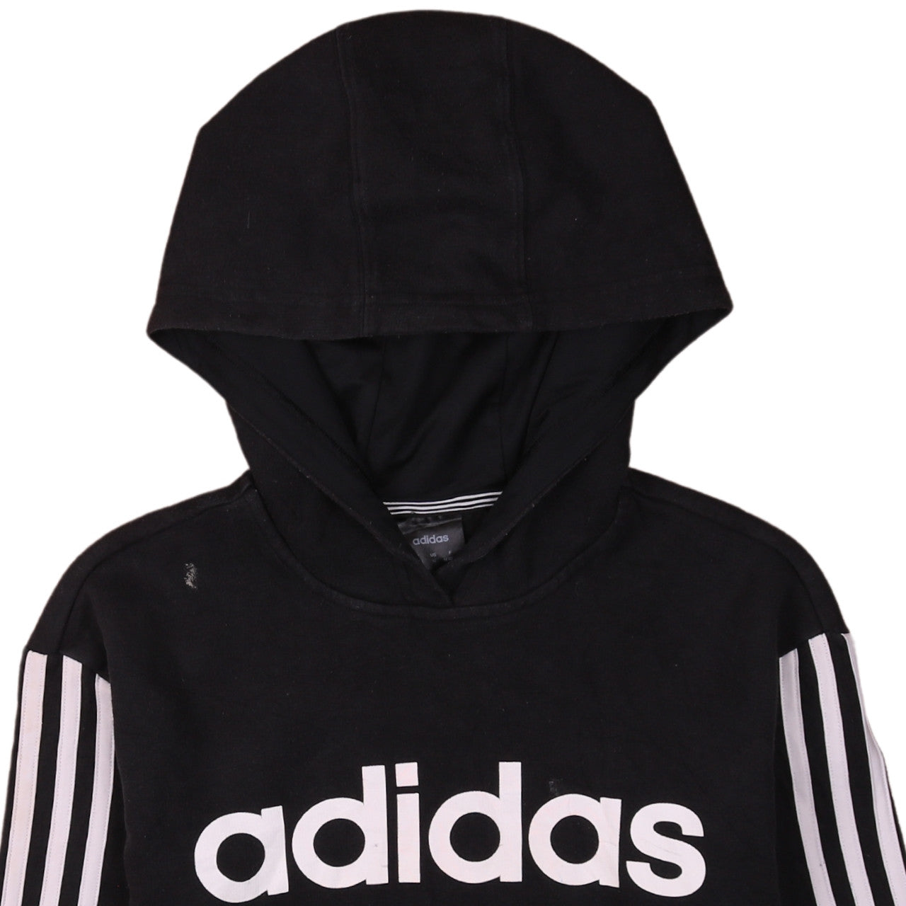Brand and care label for Adidas women’s black pullover hoodie, size M, 12-14 logo striped sleeve