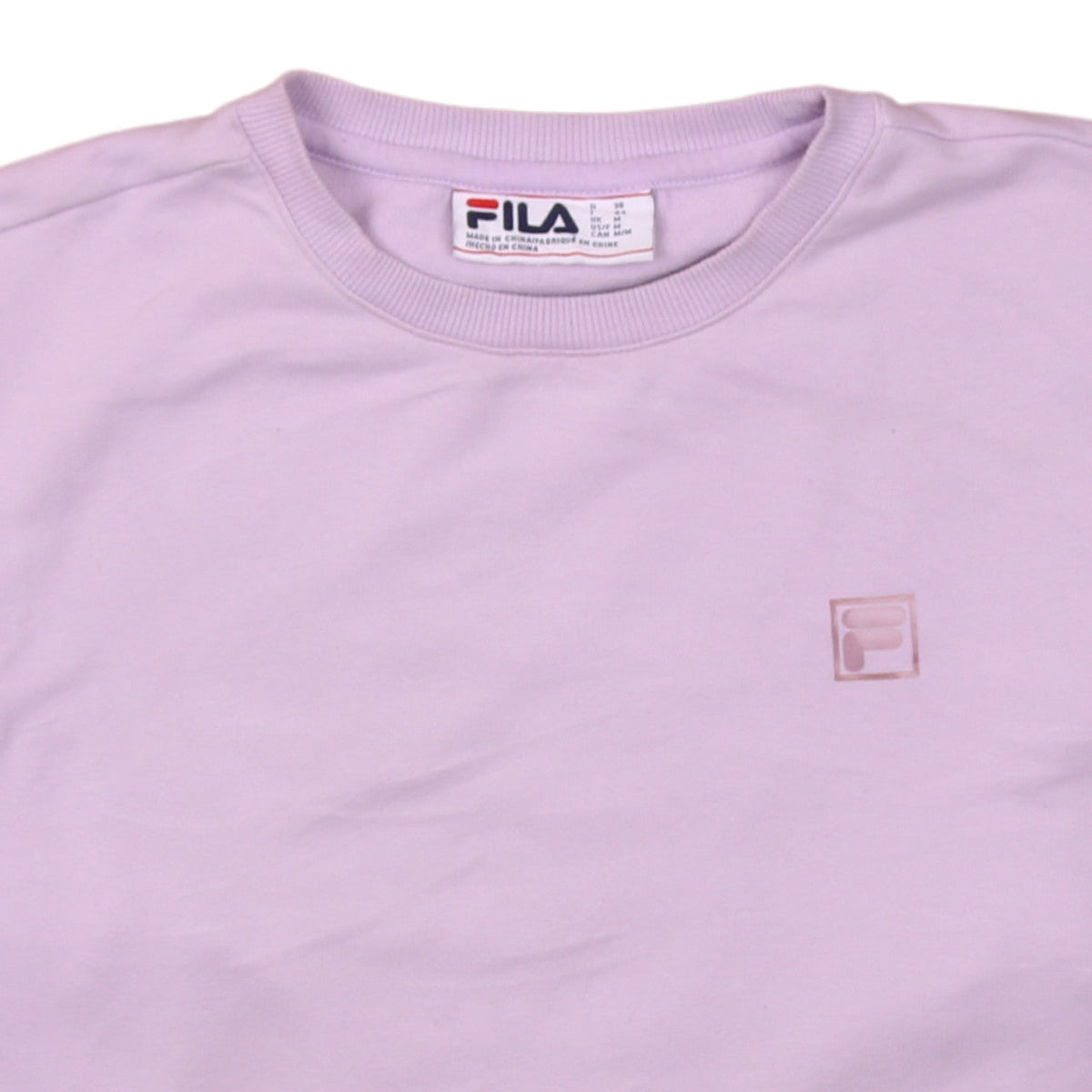 Brand and care label for Fila Men's Purple Crew Neck Pullover Sweatshirt, size M