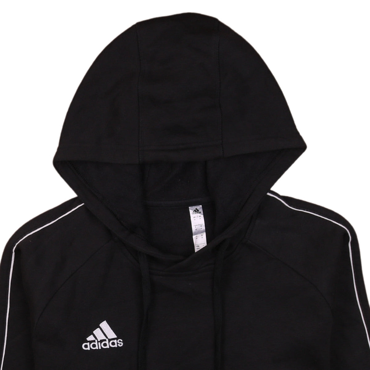 Brand and care label for Adidas Men's Black Pullover Hoodie, size M, Sports Fleece Jumper