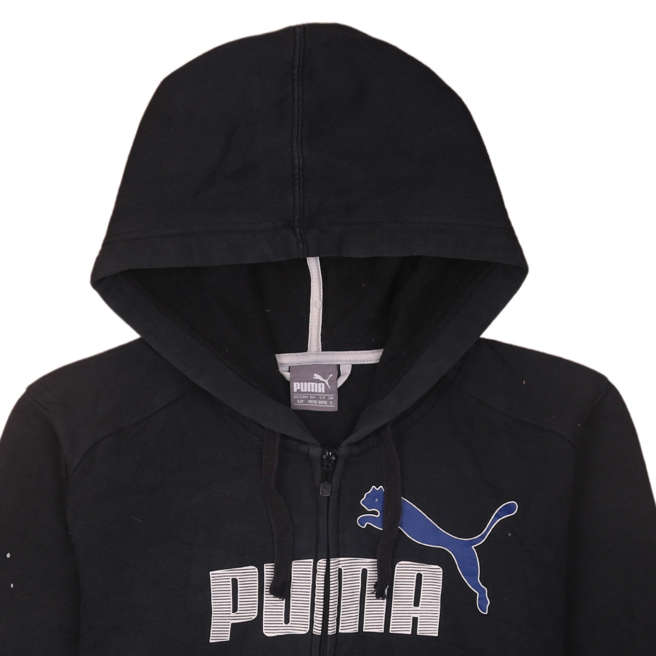 Brand and care label for Puma Men's Black Full Zip Hoodie, size S, Graphic Logo Sportswear