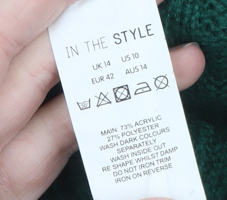 Brand and care label for In The Style Women Green Cable Knit Wide-Leg Lounge Sweatpants, size 14