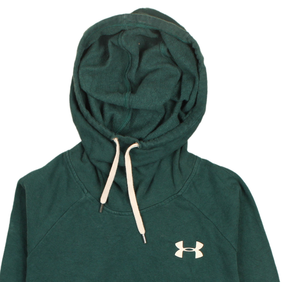 Brand and care label for Under Armour Men's Green Pullover Hoodie, size L, Sports Fleece