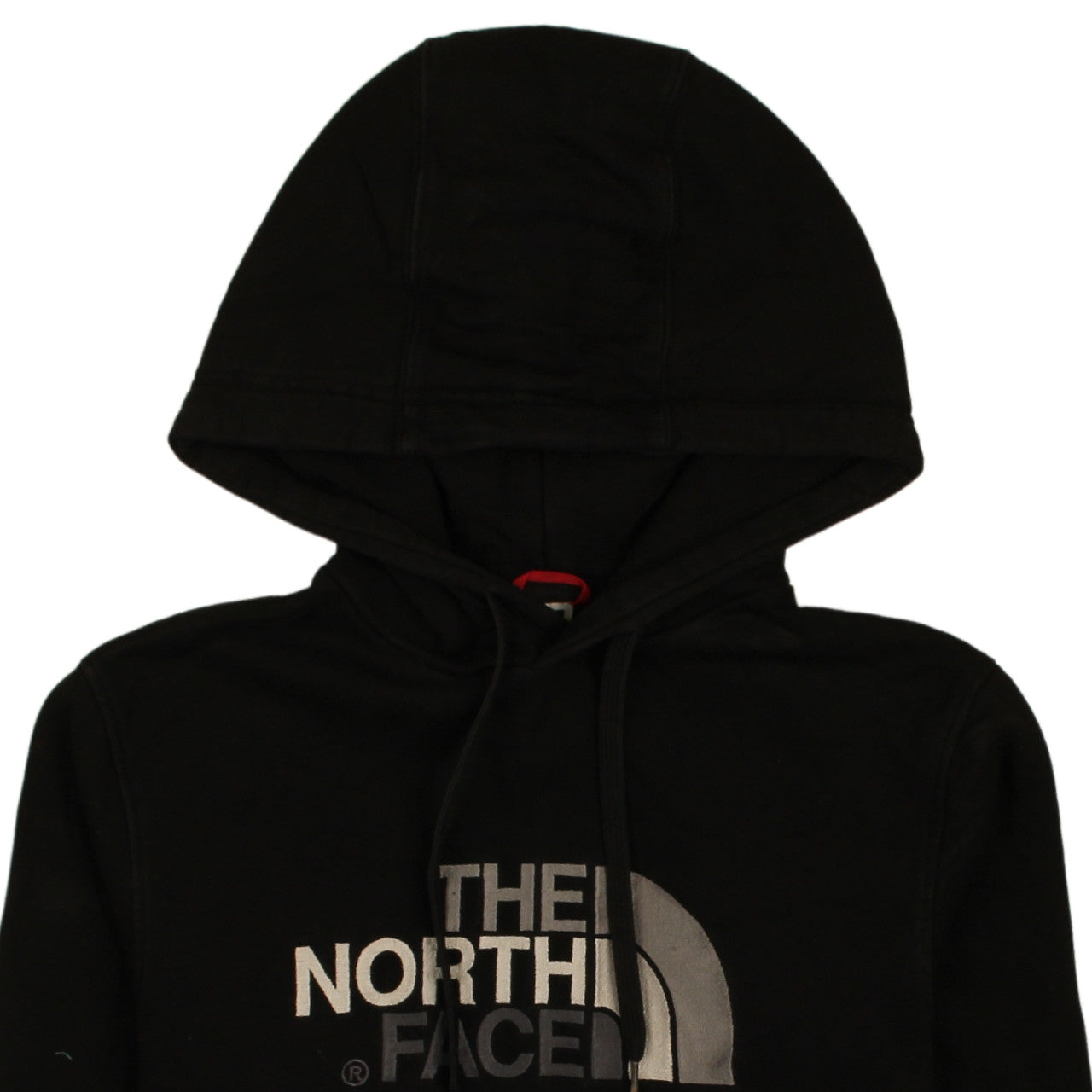 Brand and care label for The North Face Men's Black Small Pullover Hoodie with Logo