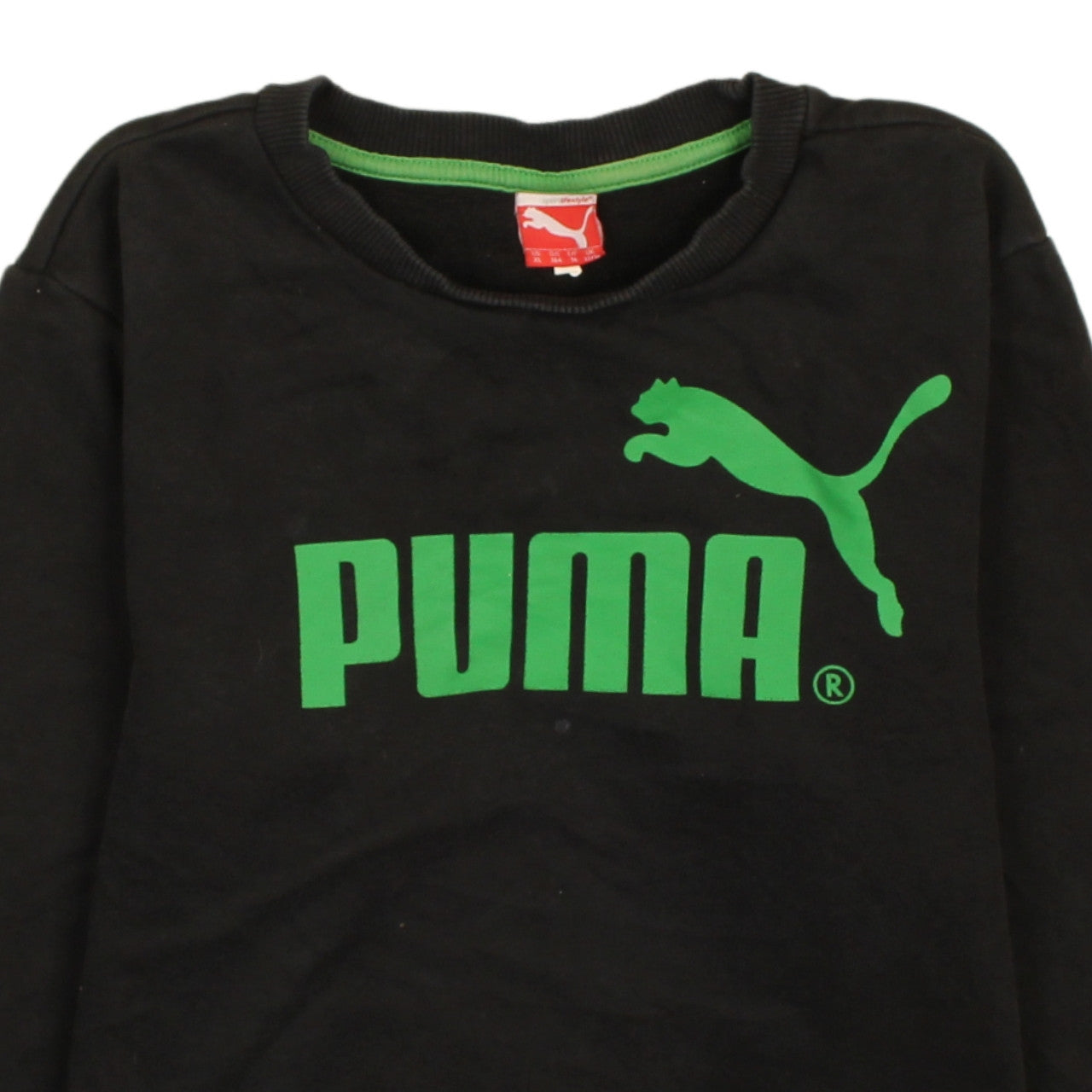 Brand and care label for Puma boys’ black pullover sweatshirt 14 years logo crew neck top