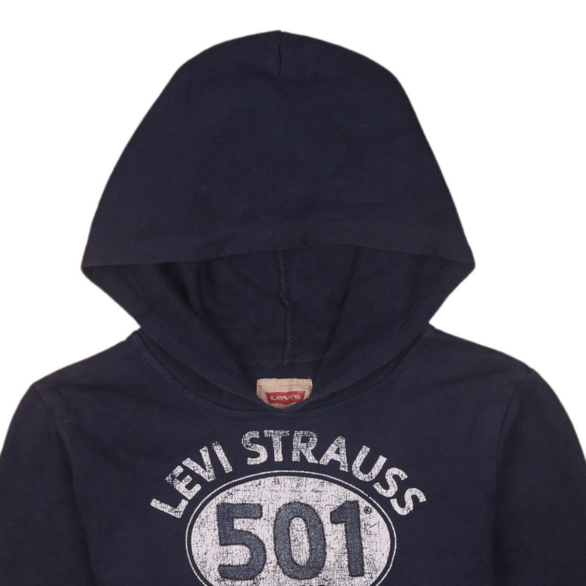Brand and care label for Levi's boys’ blue graphic pullover hoodie, size 12, years
