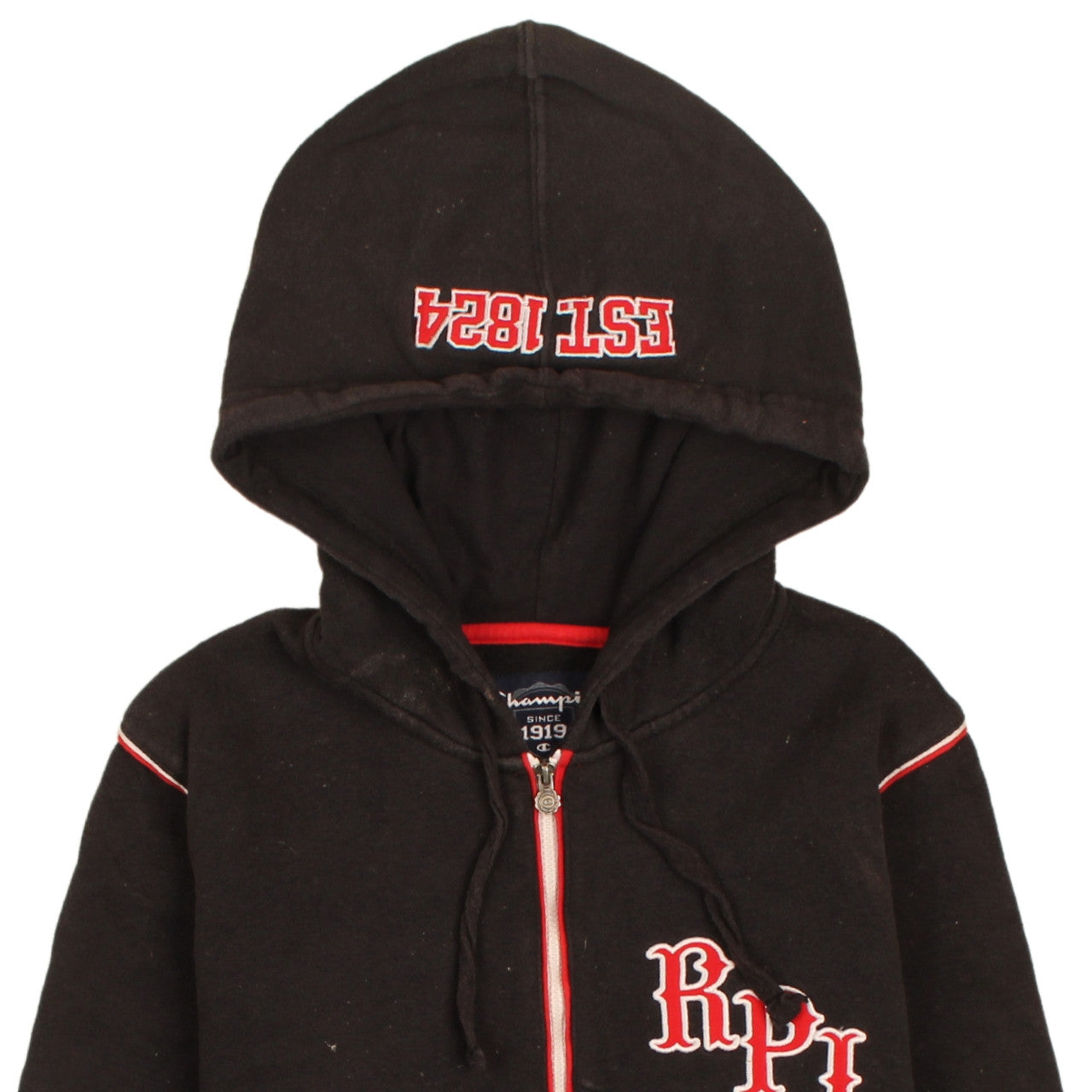 Brand and care label for Champion Men's Black Full Zip RPI University Hoodie, size L