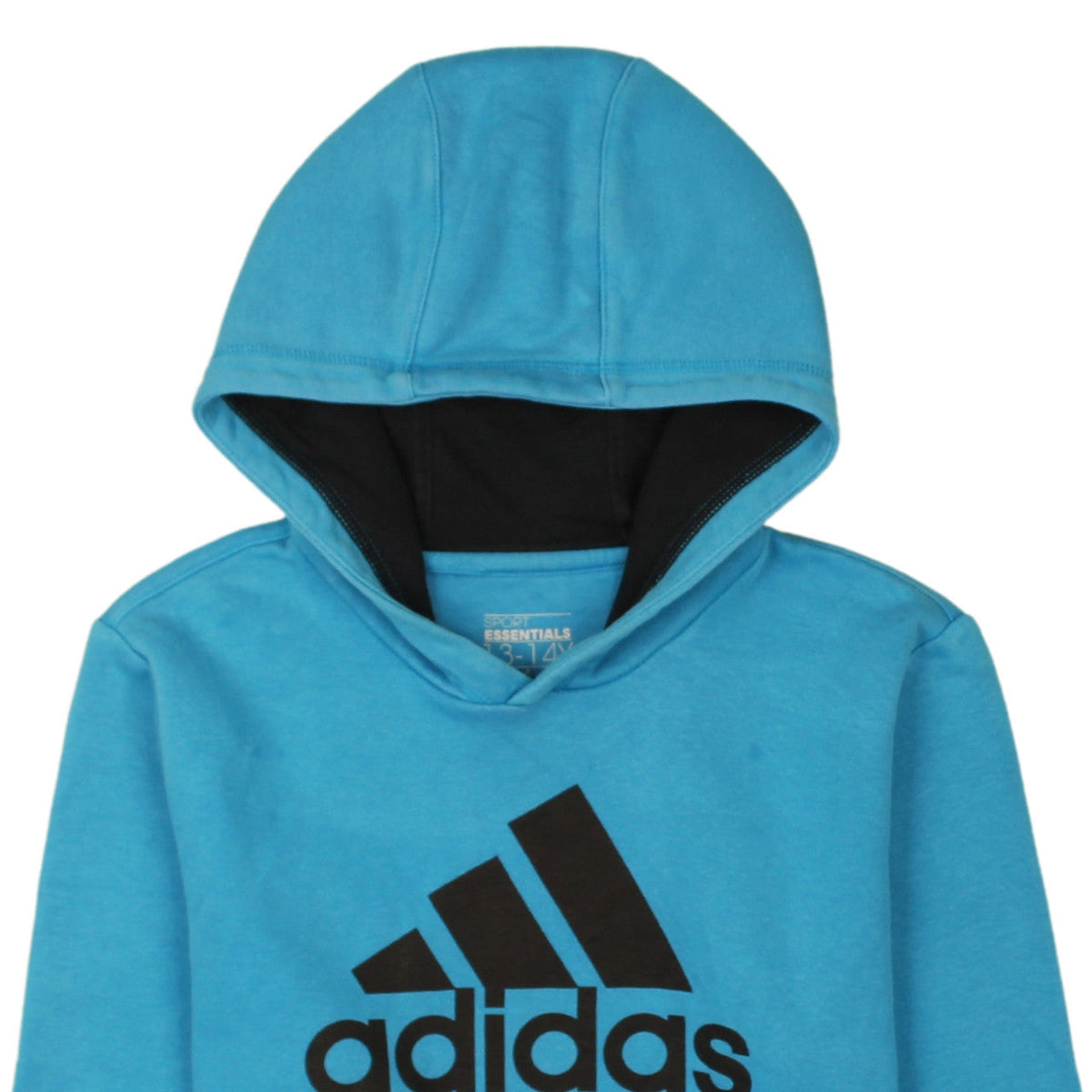 Brand and care label for Adidas boys’ blue pullover hoodie 13-14 years sport essentials logo