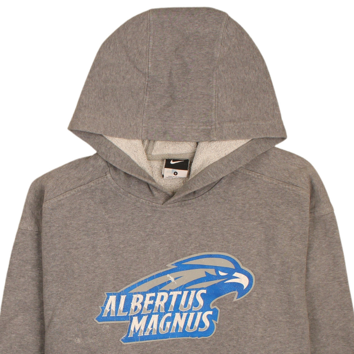 Brand and care label for Nike men’s grey albertus magnus pullover hoodie, size S